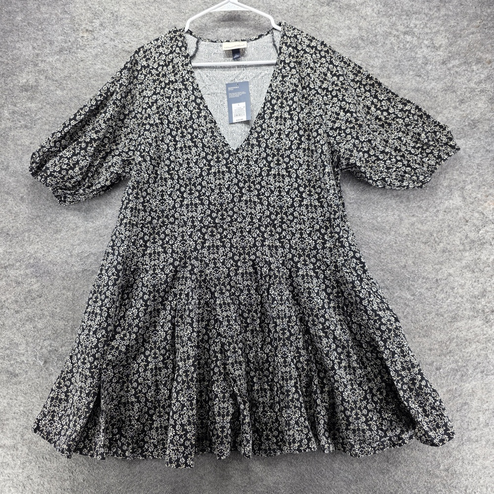 Universal Thread Dress Womens L Black Floral Fit & Flare Short Puff Sleeve Boho
